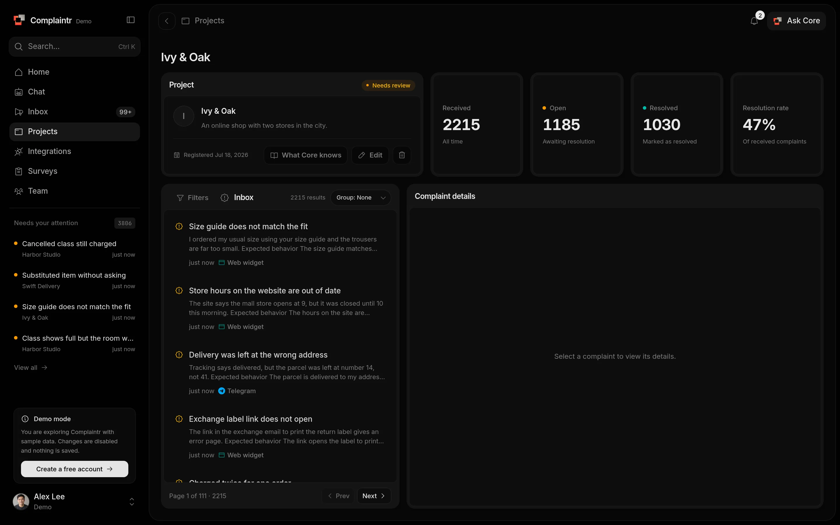 A project's page with metrics and its own complaint inbox