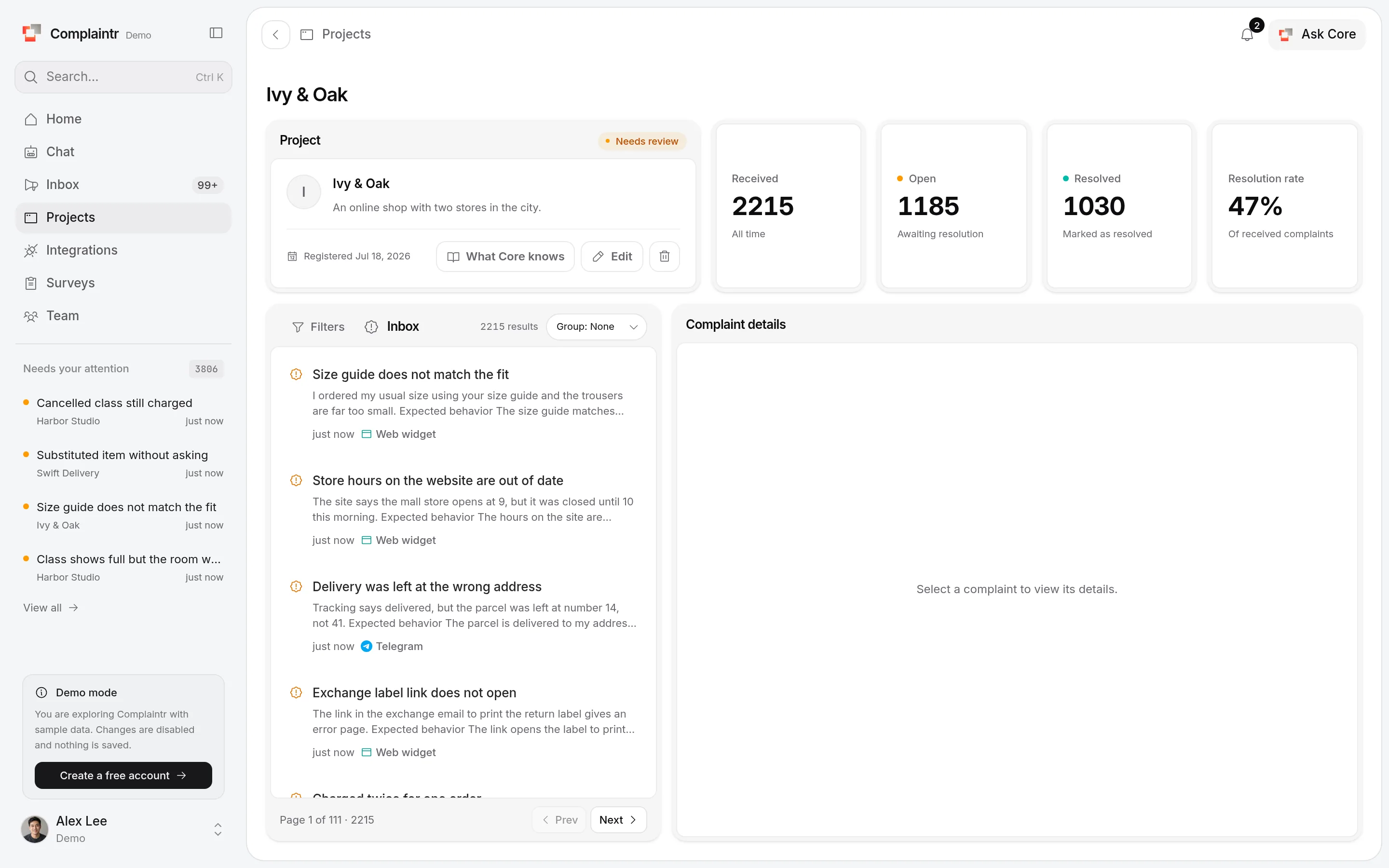 A project's page with metrics and its own complaint inbox