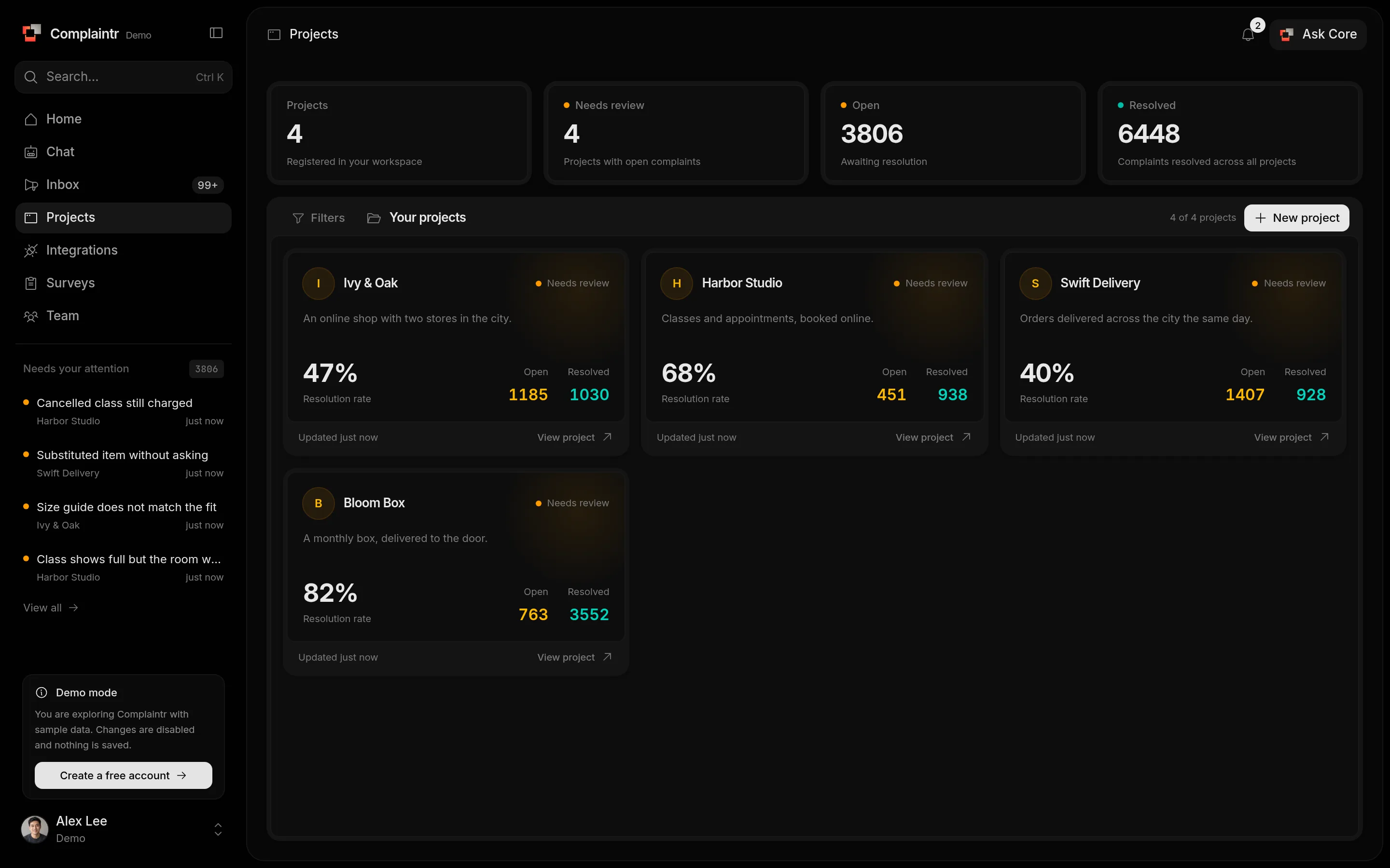 The Projects page with metrics and one card per project