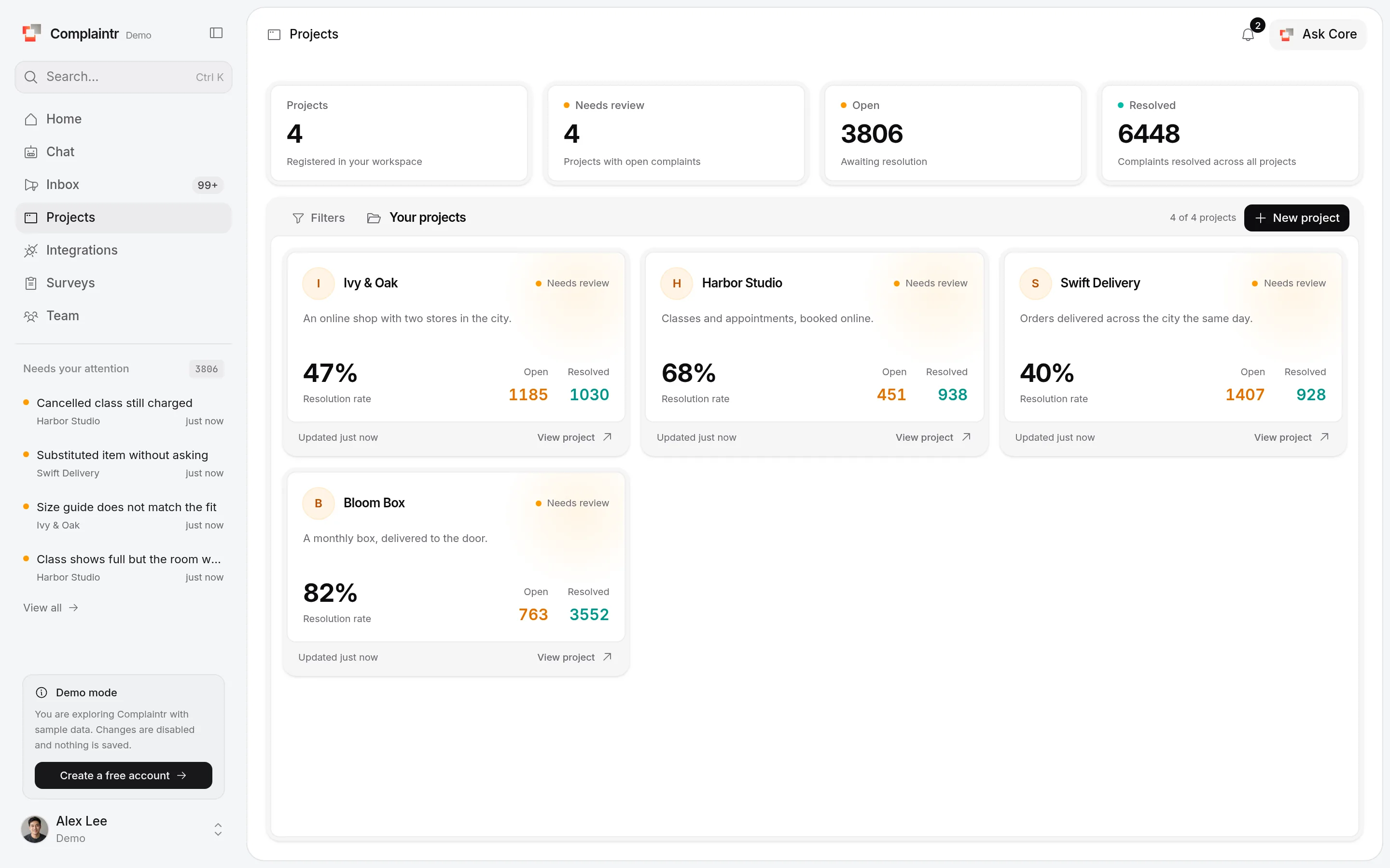The Projects page with metrics and one card per project