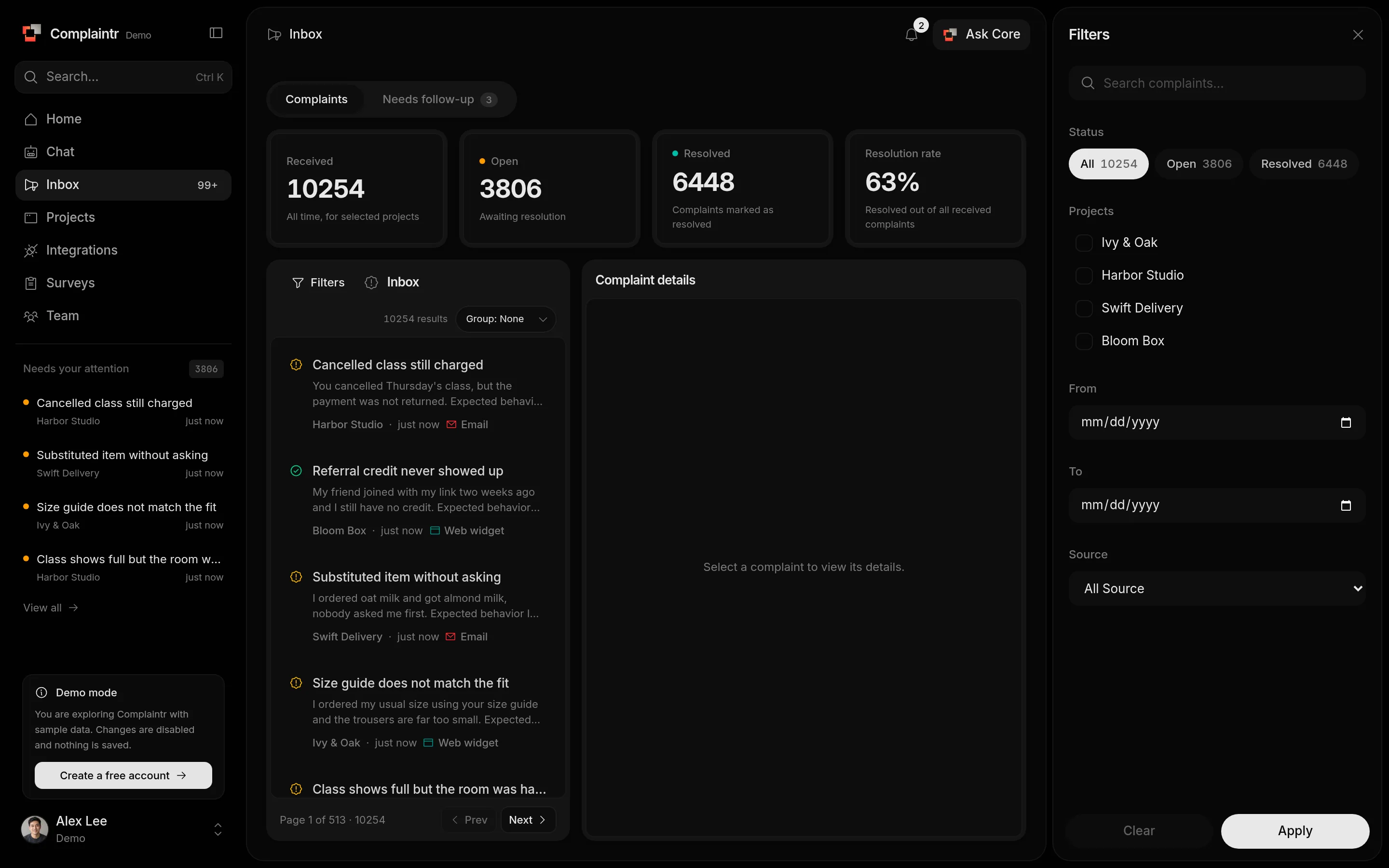 The Filters panel with search, status, applications, dates, and source