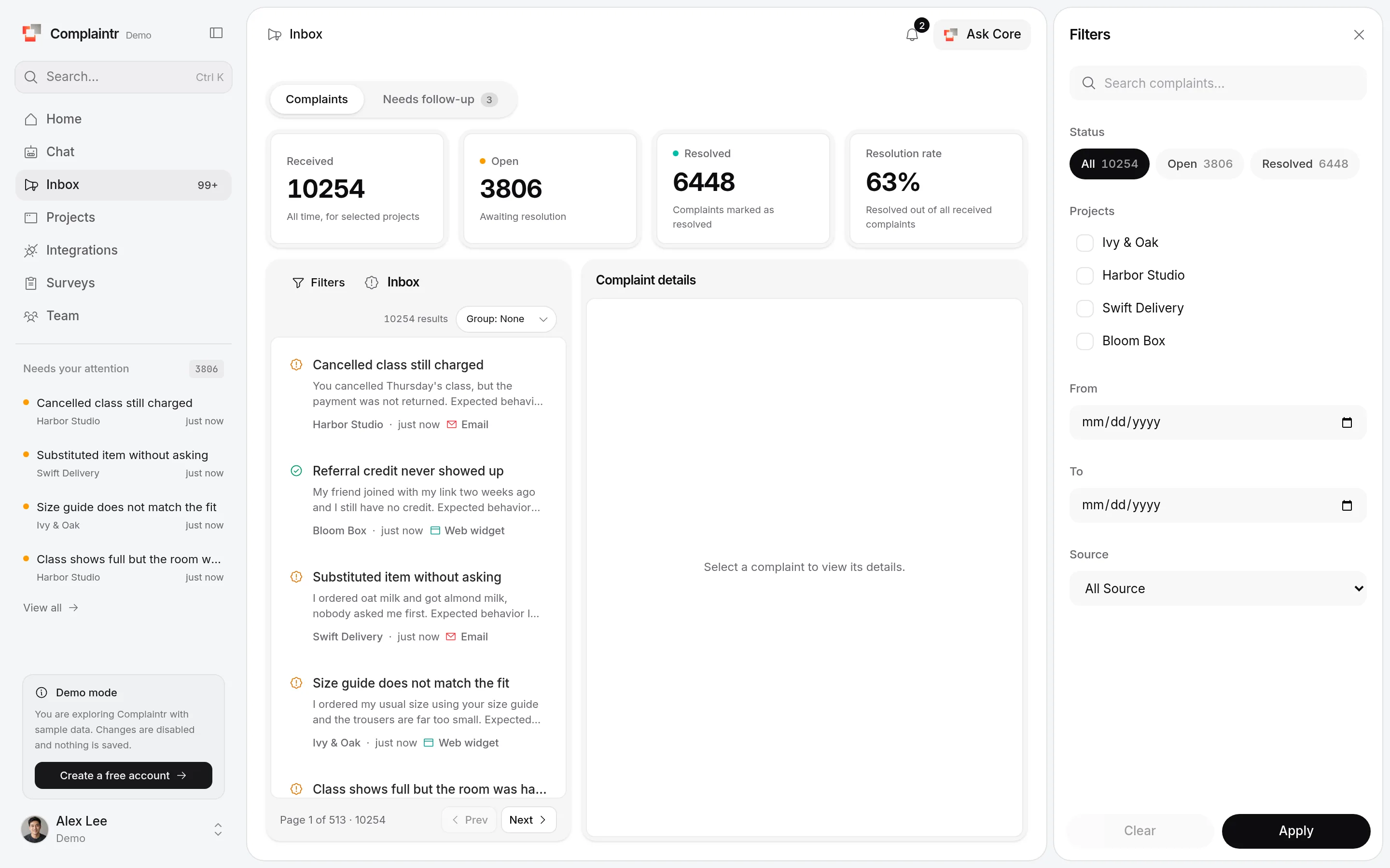 The Filters panel with search, status, applications, dates, and source