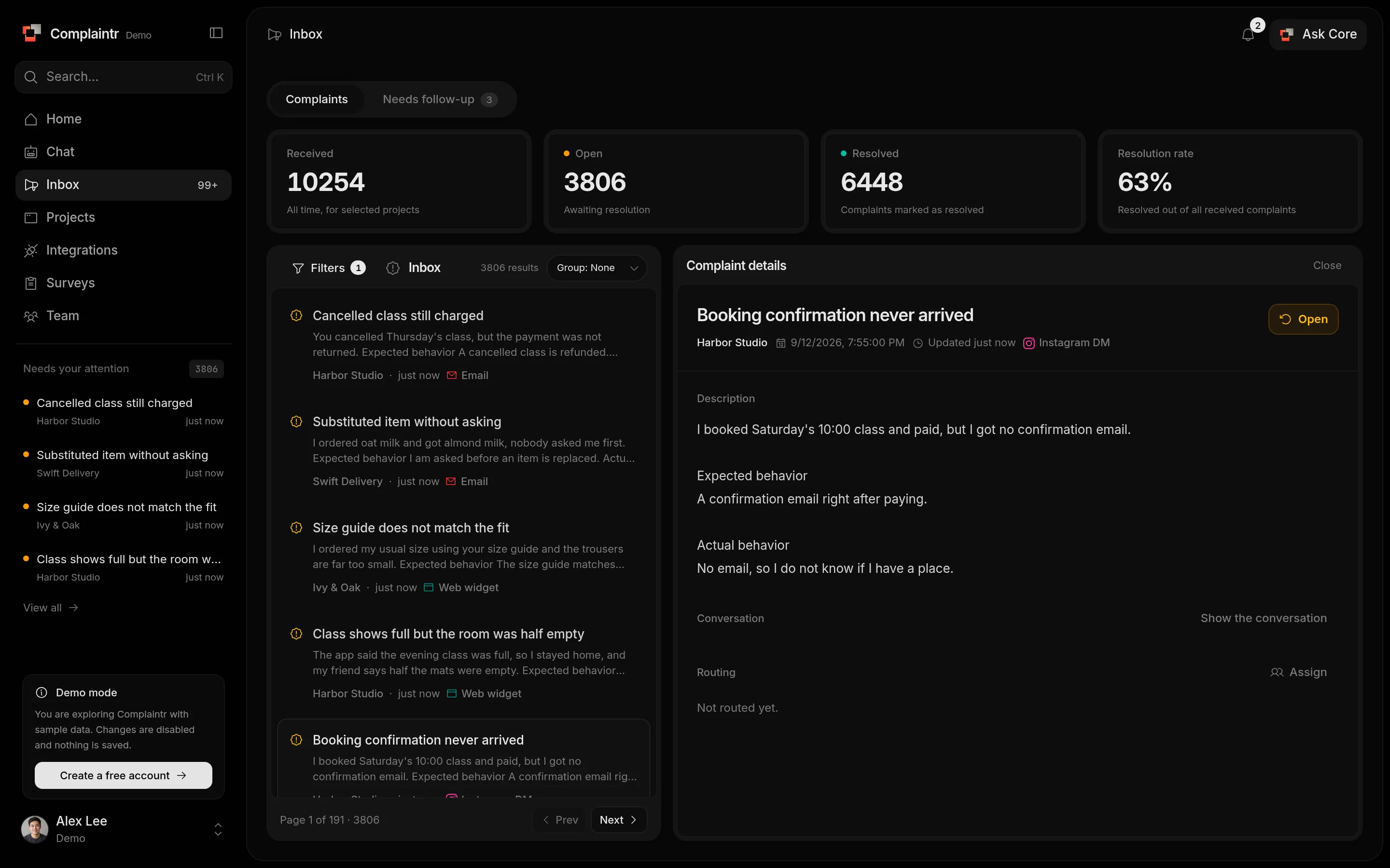 The Complaints inbox with metrics above, the list on the left, and complaint details on the right