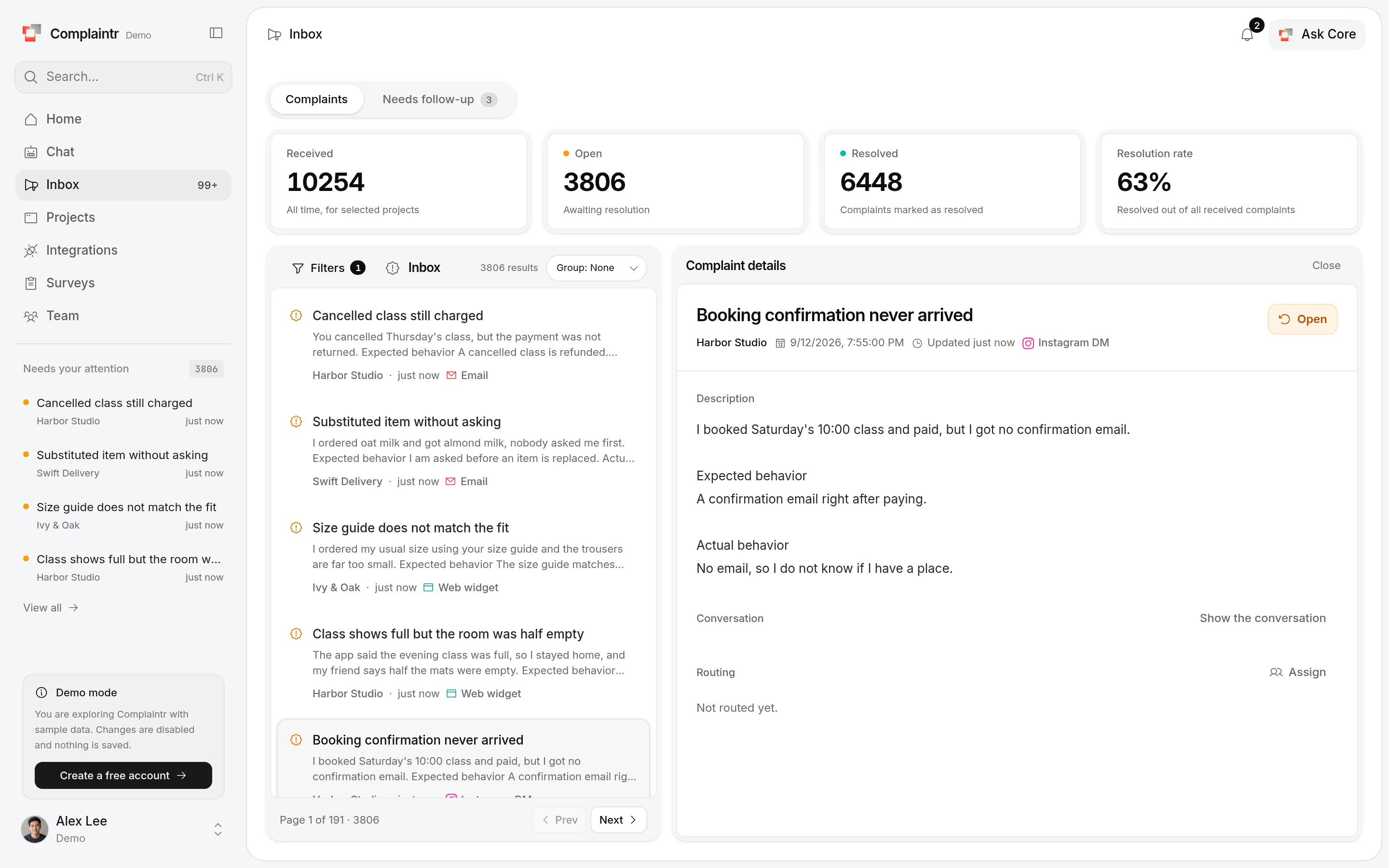The Complaints inbox with metrics above, the list on the left, and complaint details on the right