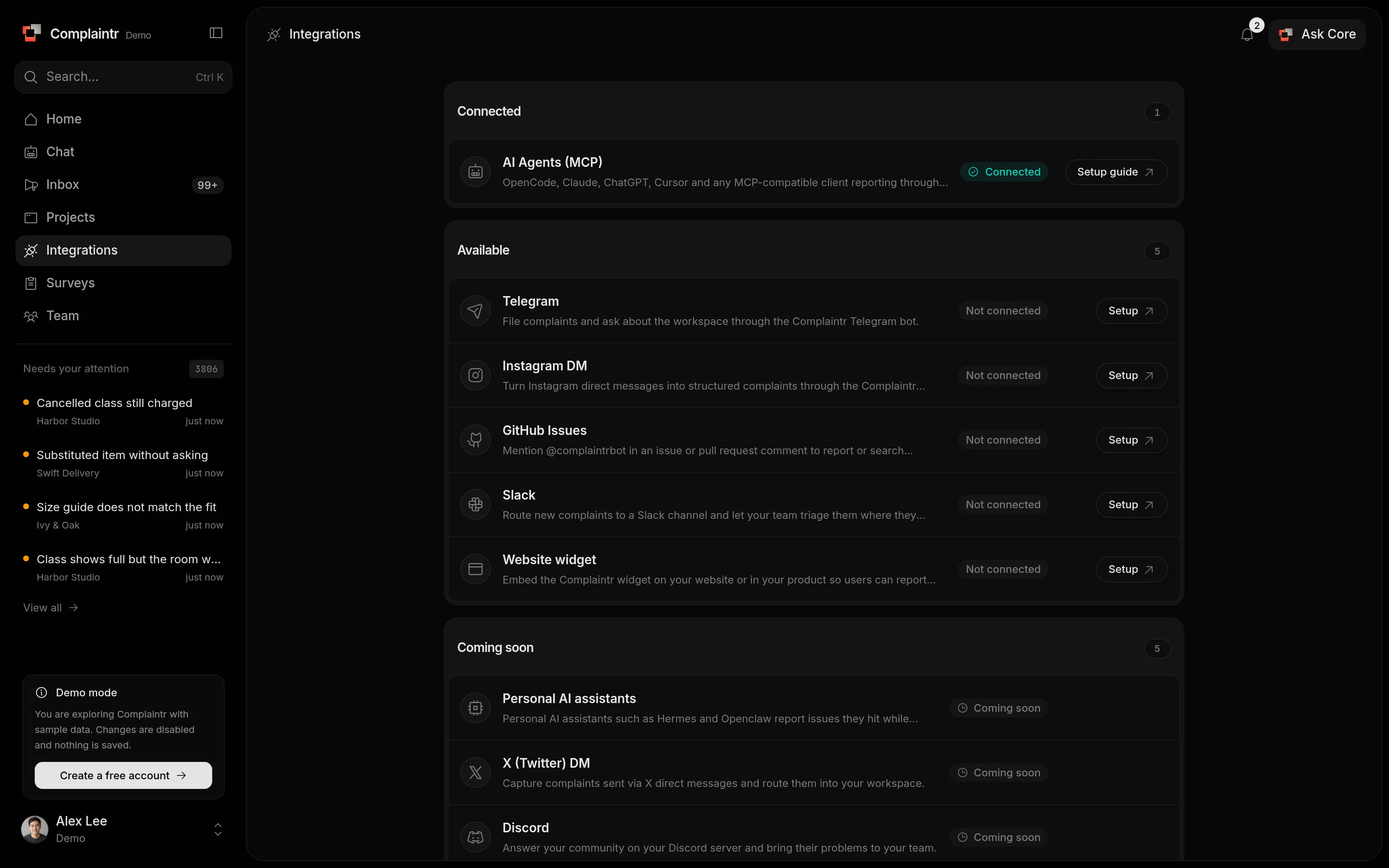 The Integrations page with Connected, Available, and Coming soon sections