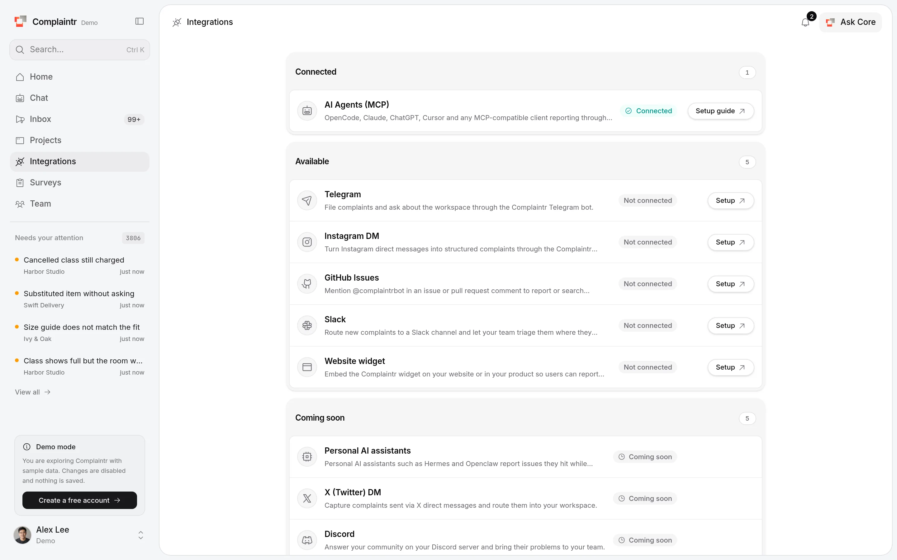 The Integrations page with Connected, Available, and Coming soon sections