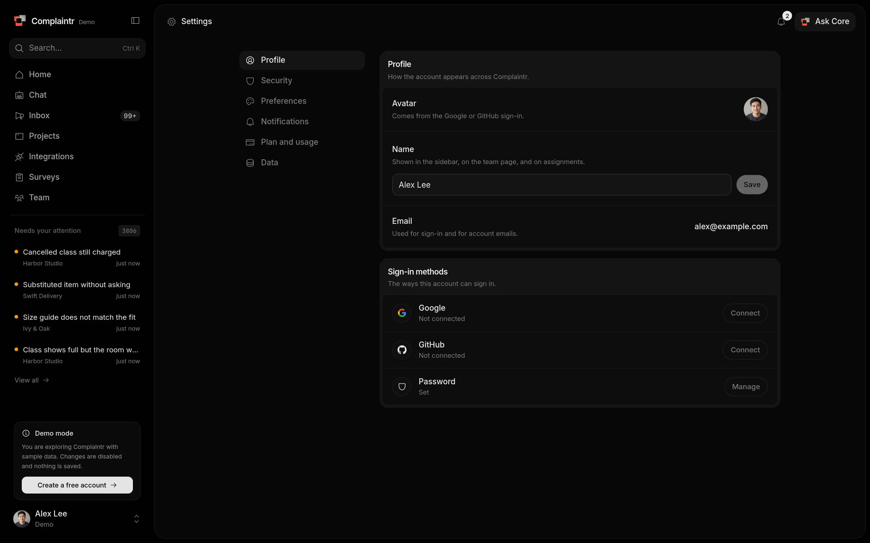 Settings with its sections listed on the left