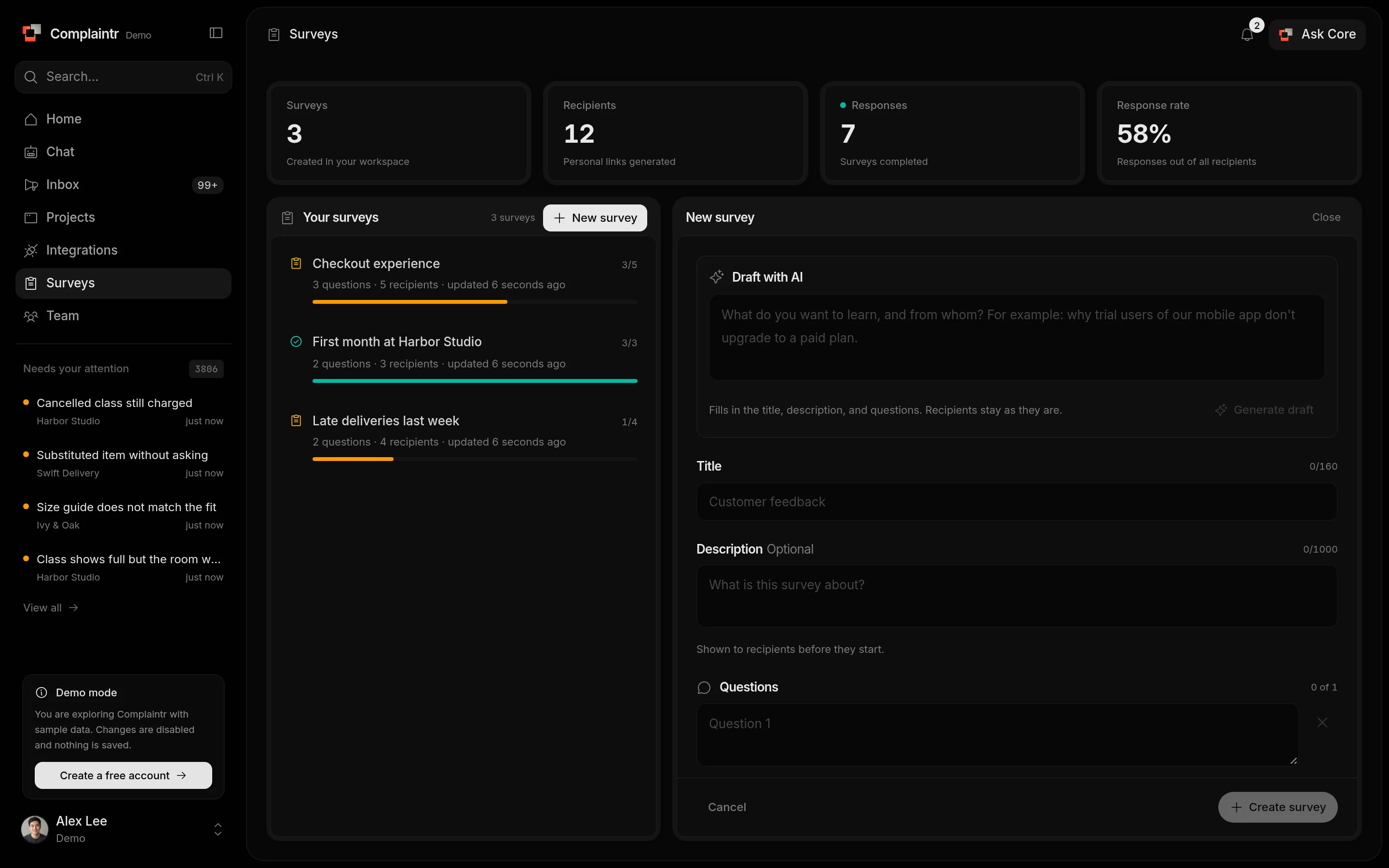 The New survey form with Draft with AI, title, description, and questions