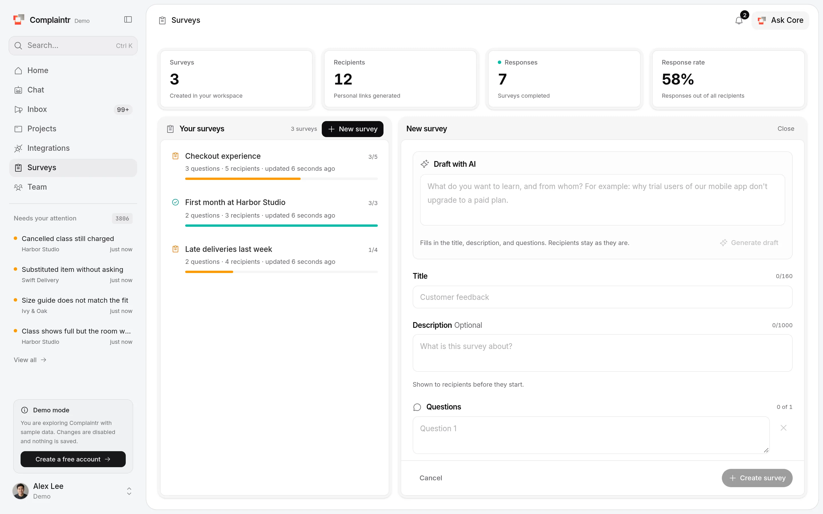 The New survey form with Draft with AI, title, description, and questions