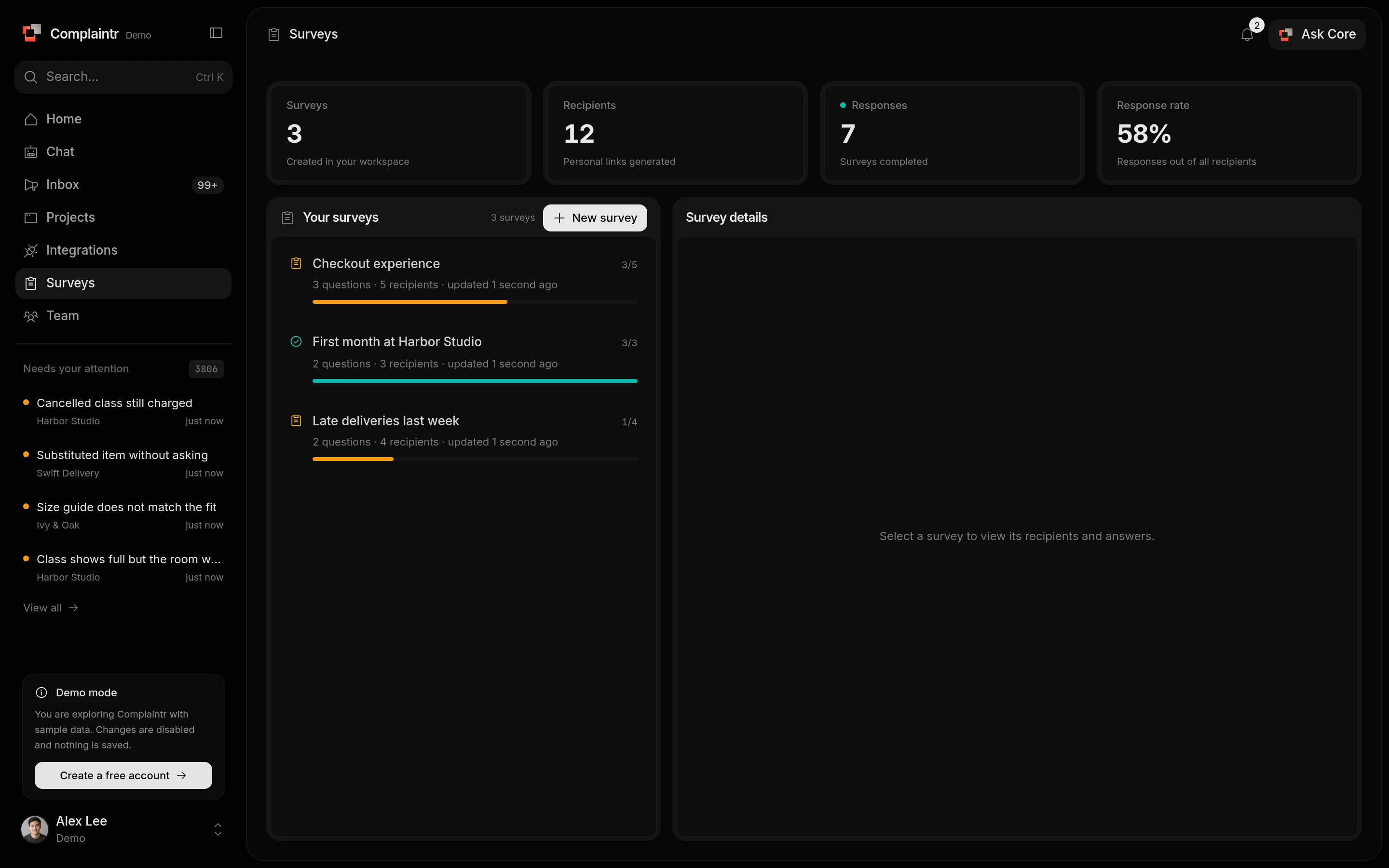 The Surveys page with a list of surveys and the selected survey's recipients and progress