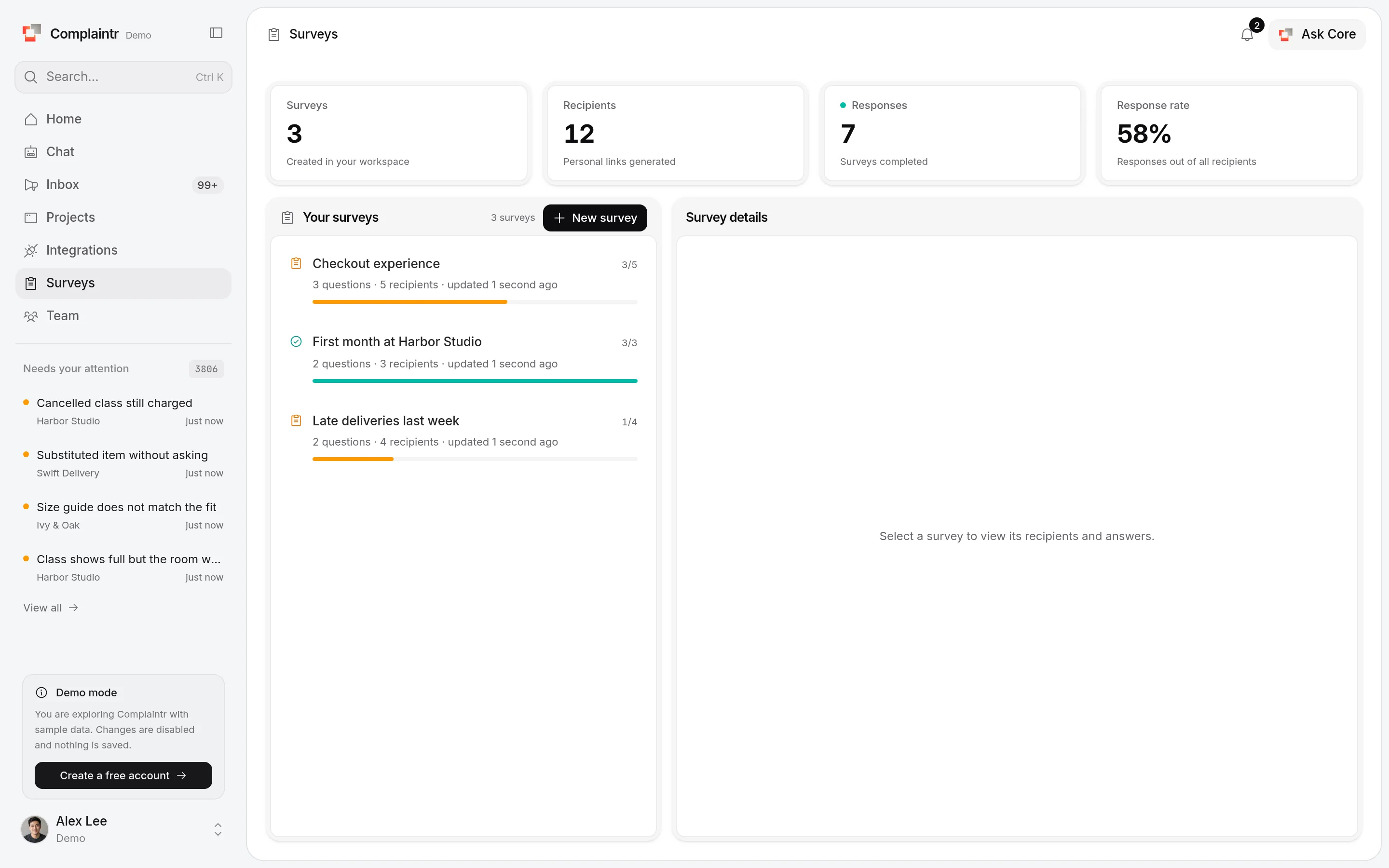 The Surveys page with a list of surveys and the selected survey's recipients and progress